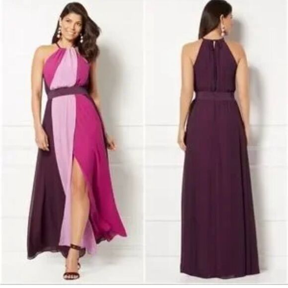 Eva Mendes for NY & Co High Neck Color Block Maxi Dress in Maroon & Pink - XL - Picture 1 of 7
